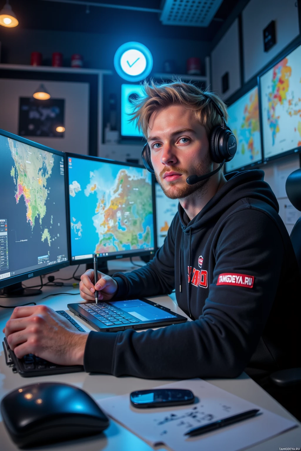 A person wearing a headset sits at a desk with multiple monitors displaying maps, using a tablet and pen.