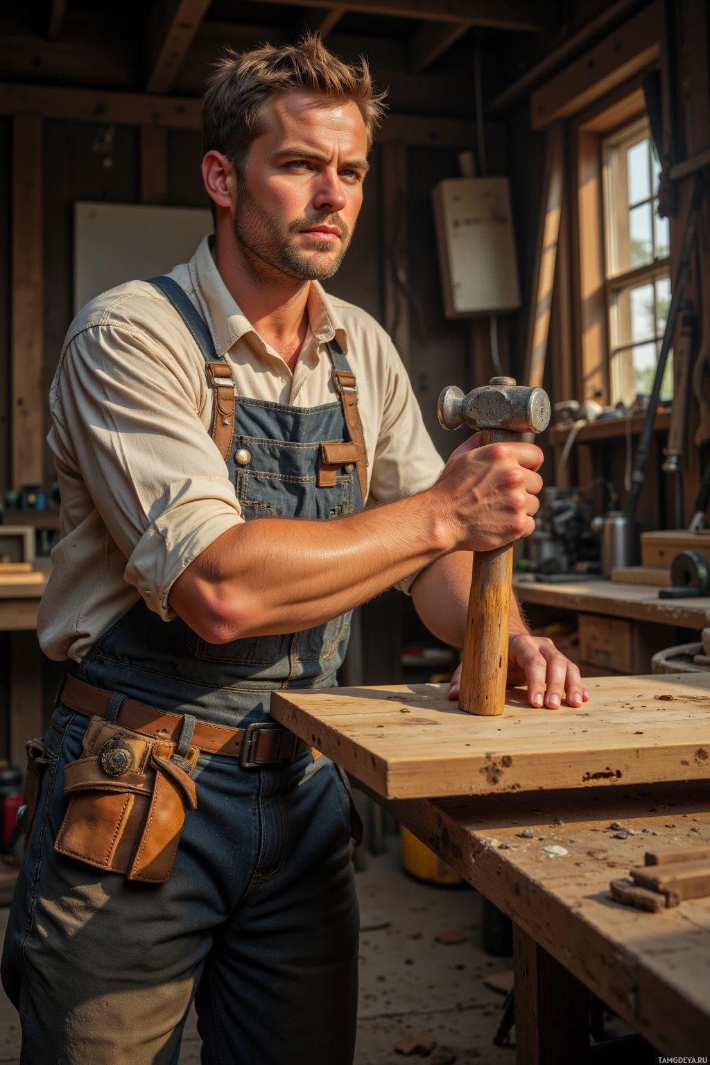 A man in overalls holds a hammer in a workshop setting.