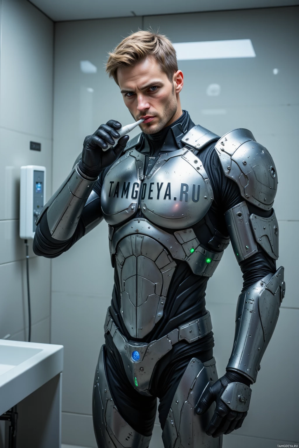A person in futuristic armor stands in a modern setting.