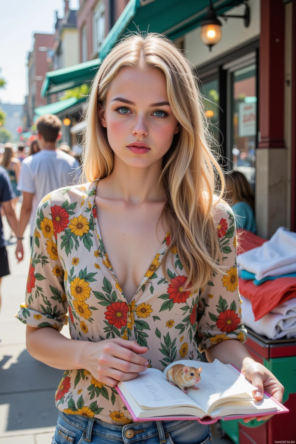 A person with long blonde hair wearing a floral blouse holds an open book with a hamster on it.