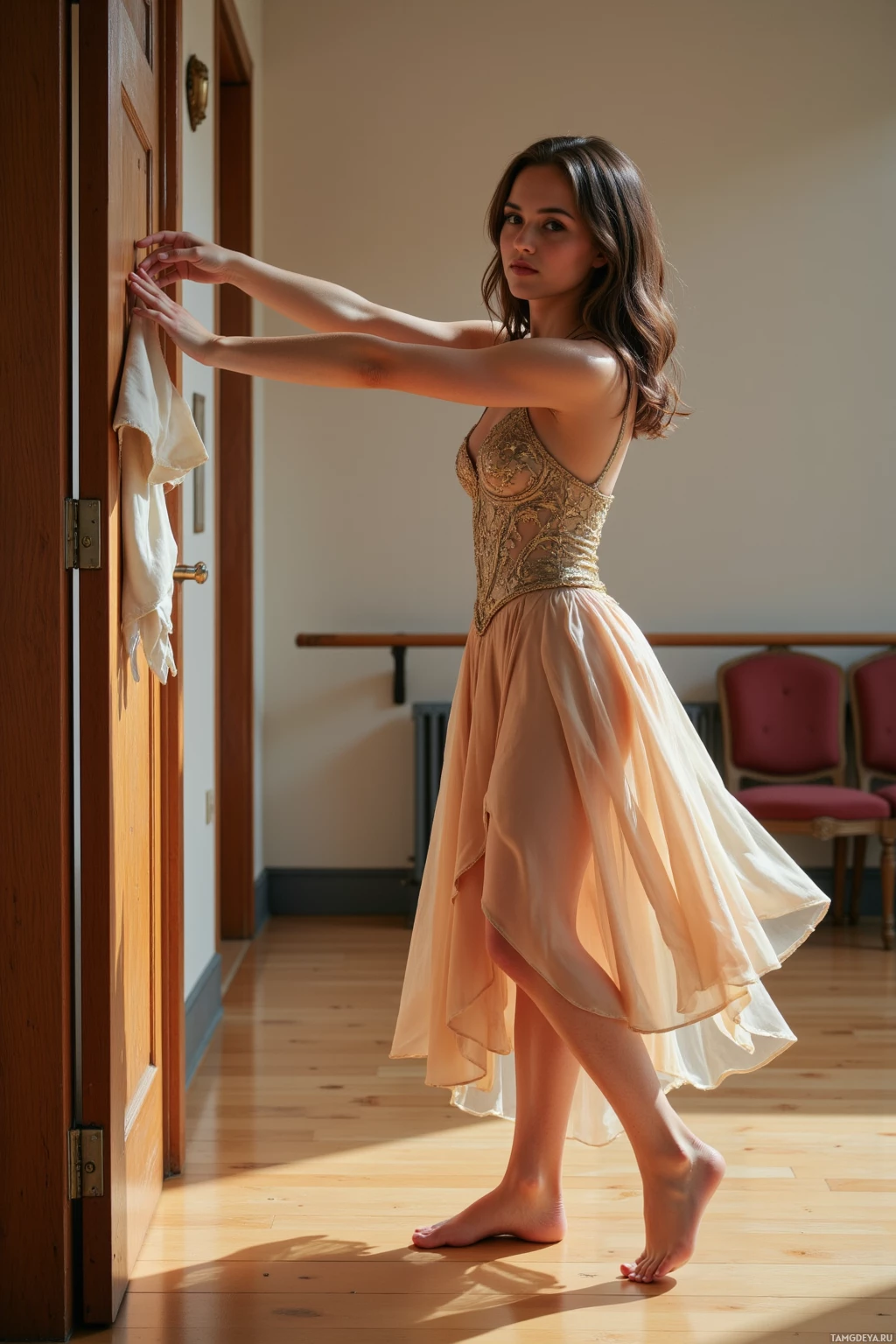 A woman in a flowing dress stands in a sunlit room, leaning against a door.