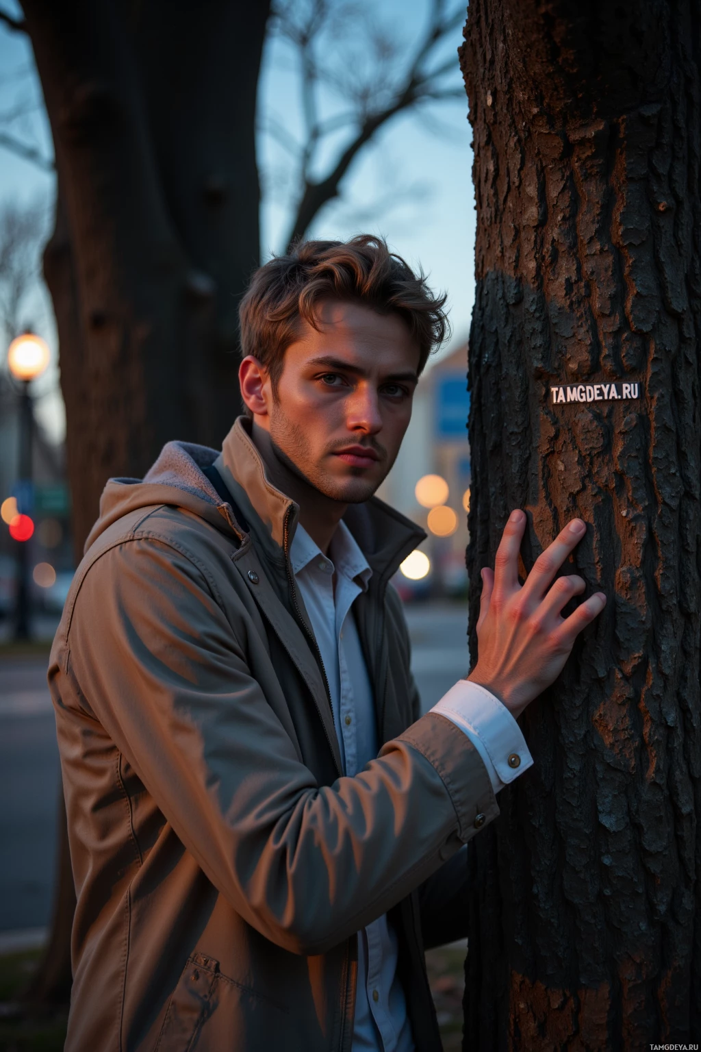 A person in a jacket leans against a tree on a street at dusk.