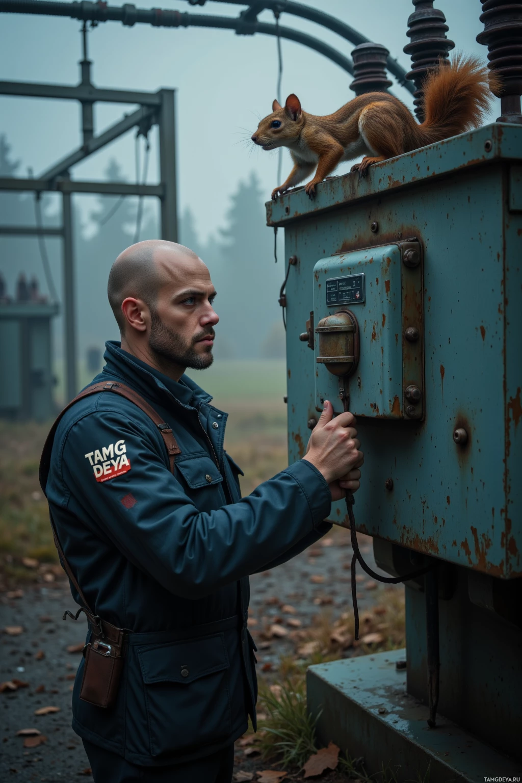 A man in a utility uniform stands beside a rusted electrical box with a squirrel perched on top.