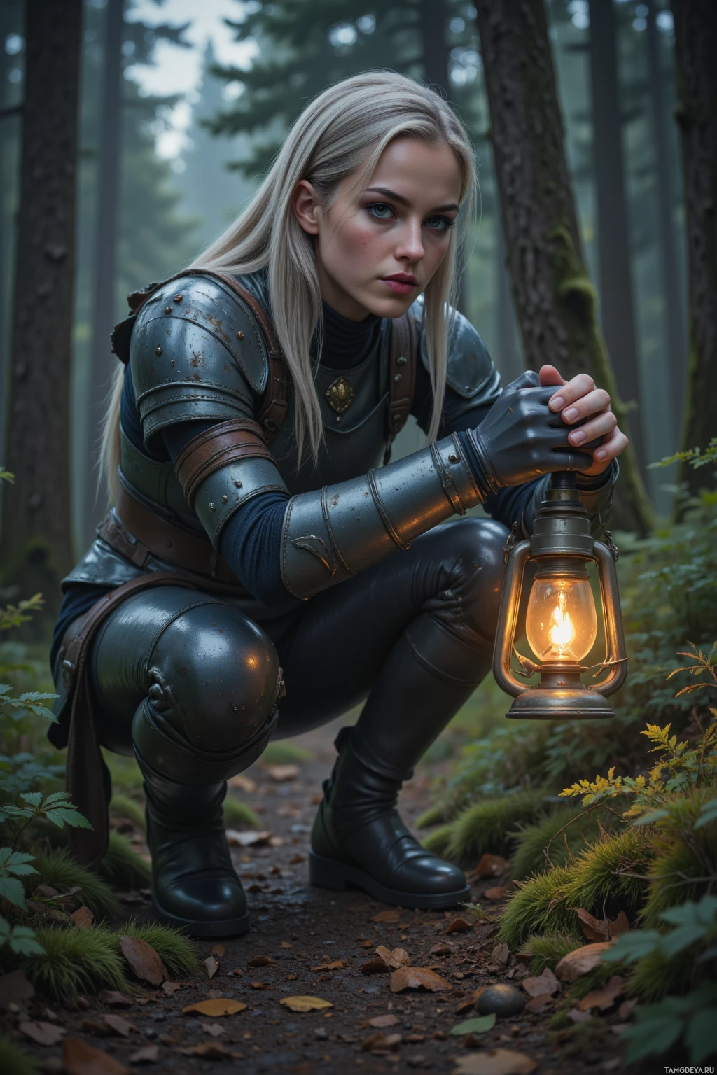 A person in medieval-style armor kneels in a forest, holding a lit lantern.