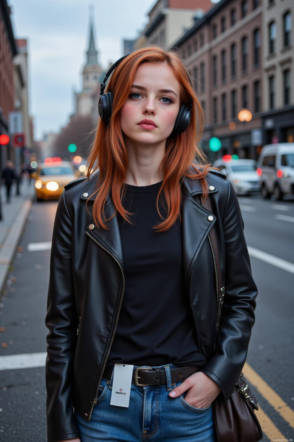 A person with red hair wearing a black leather jacket and headphones stands on a city street.