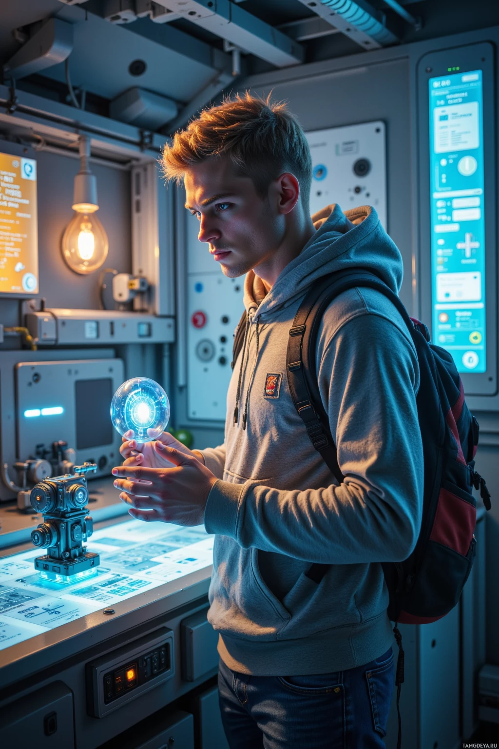 A person in a hoodie and backpack stands in a futuristic control room, holding a glowing orb.
