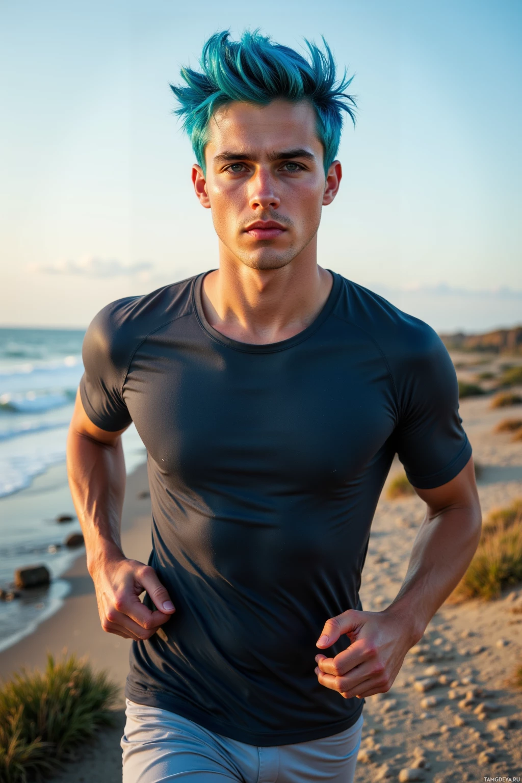 A man with blue hair stands on a beach, wearing a dark t-shirt and light shorts.