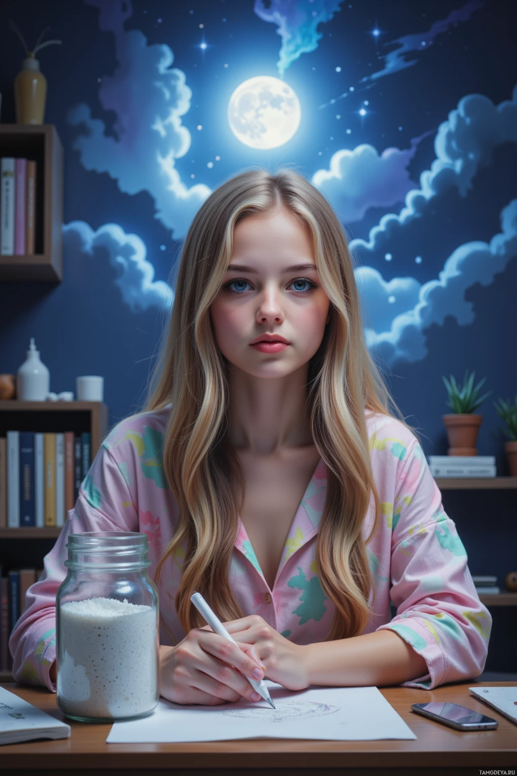 A young person in pajamas sits at a desk, writing with a pen, with a night sky and moon in the background.