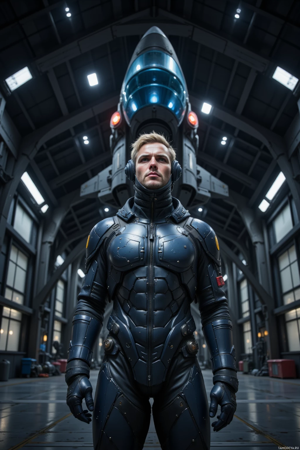 A person in a futuristic armored suit stands in a large hangar with a sleek spacecraft in the background.