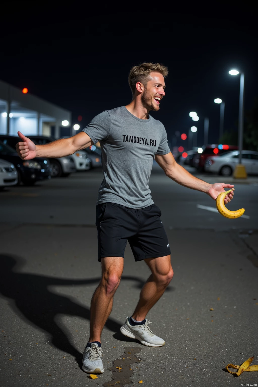 A man in athletic attire holds a banana while walking in a parking lot at night.