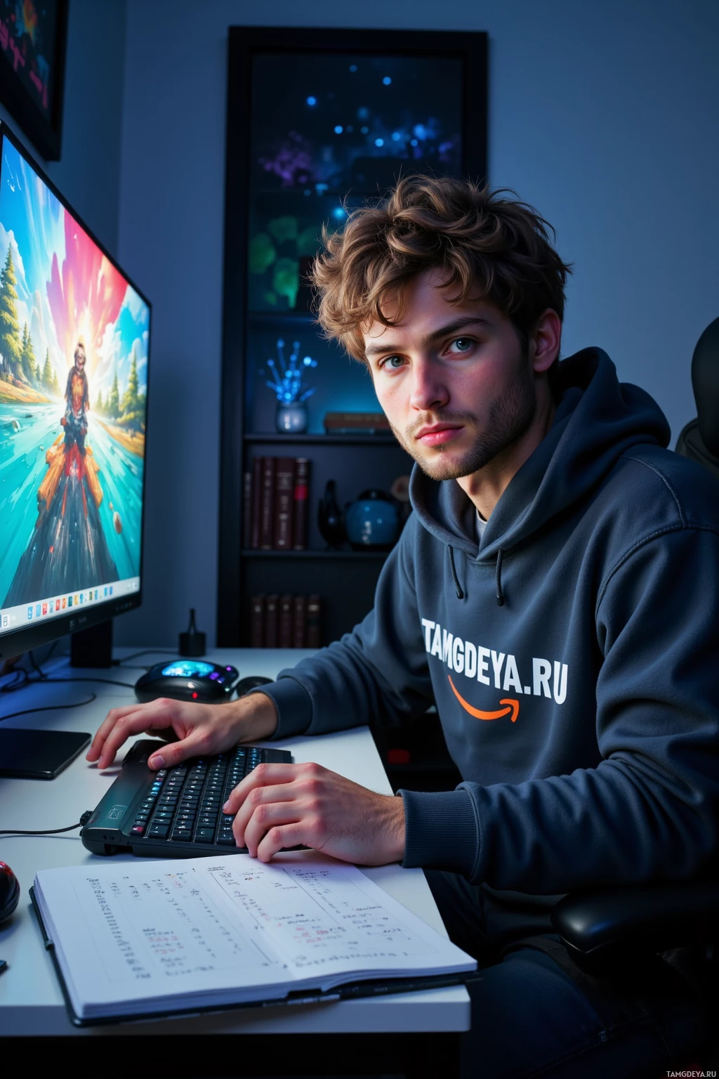 A person wearing a hoodie sits at a desk with a computer monitor, keyboard, and notebook.