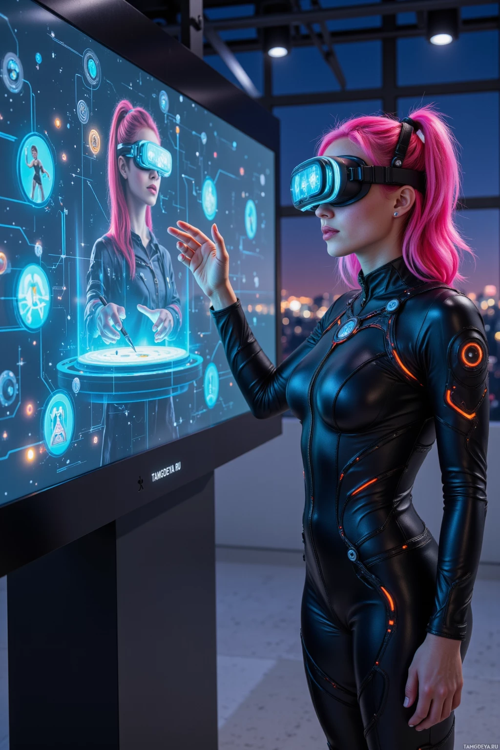 A person in a futuristic outfit and VR headset interacts with a digital interface on a large screen.