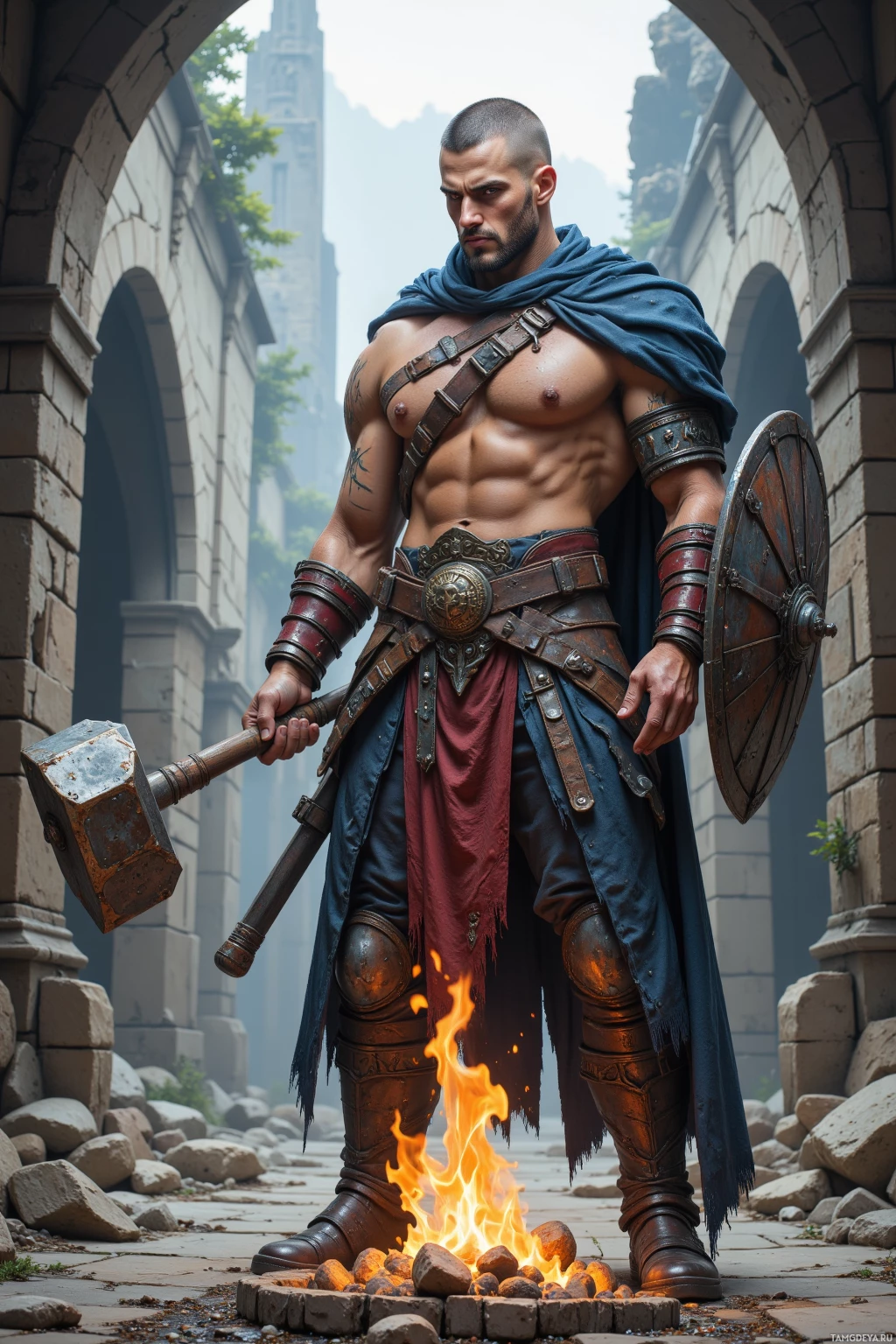A muscular warrior stands in an ancient stone courtyard, holding a hammer and shield, with a fire burning nearby.