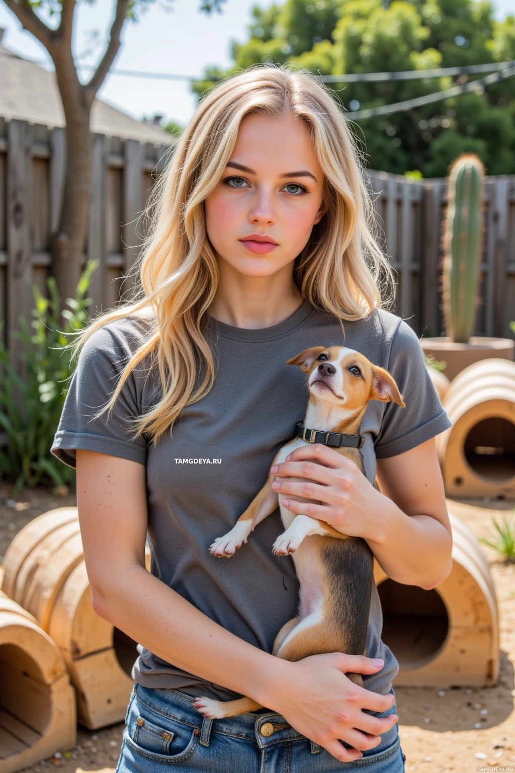 A person holds a small dog in a backyard setting.
