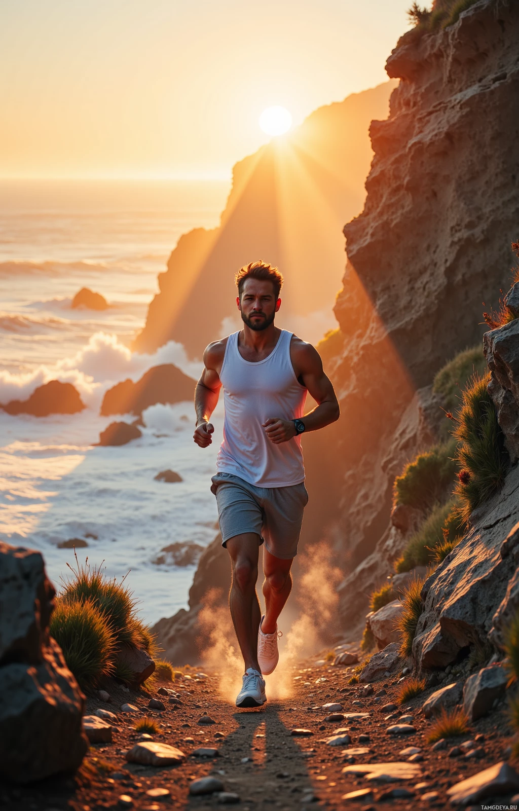 A man runs along a rocky path near the ocean at sunset.