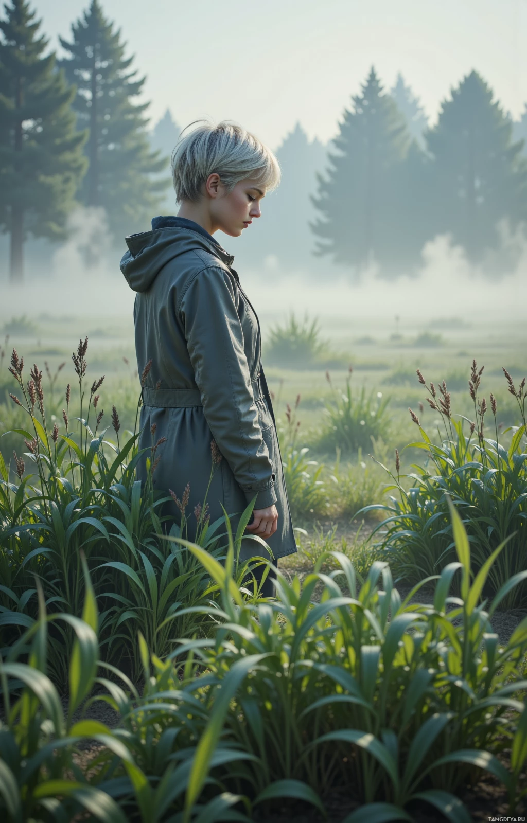 A person in a green coat stands amidst tall grass and trees in a misty landscape.
