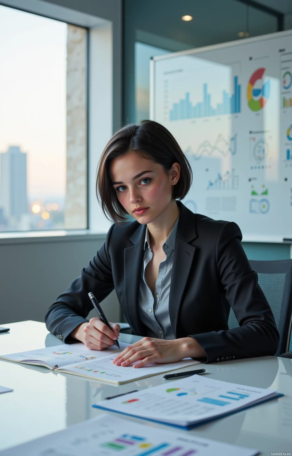 A woman in a professional setting is writing in a notebook with a pen, surrounded by documents and a whiteboard with graphs.