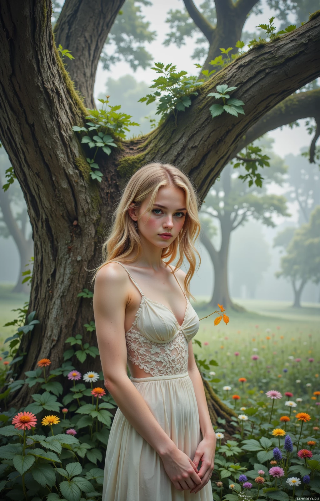 A woman in a white dress stands in a misty forest with colorful flowers and a large tree.