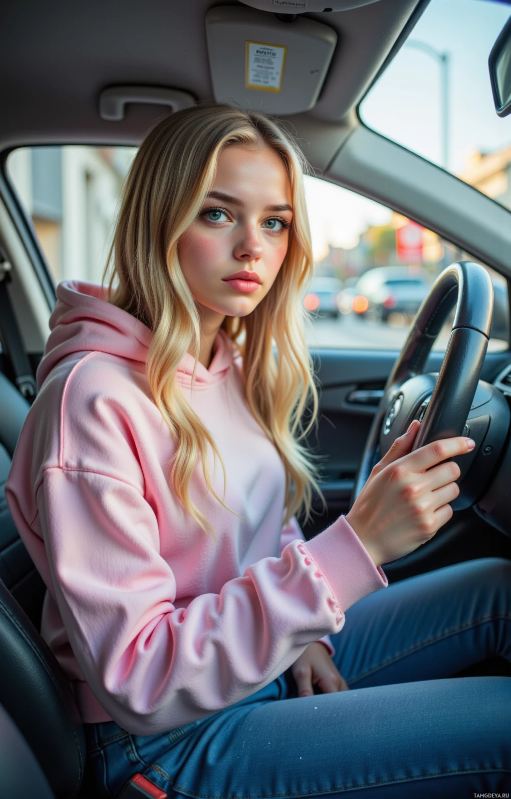 A person in a pink hoodie and jeans sits in a car, holding the steering wheel.