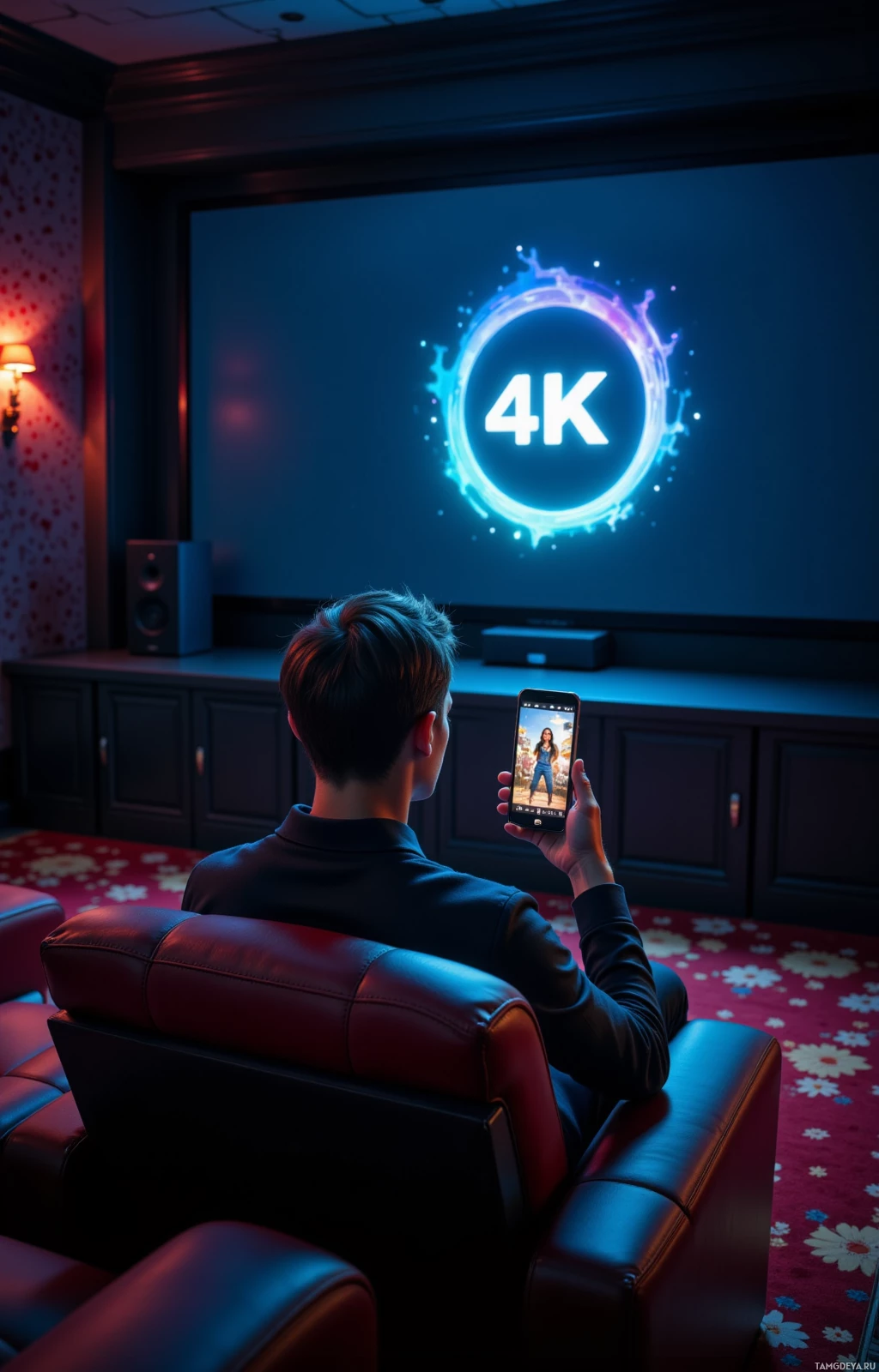 A person is sitting in a home theater, holding a smartphone and projecting a 4K display on a large screen.