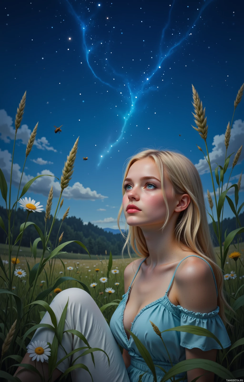 A serene scene of a woman sitting in a field of wildflowers under a starry night sky.