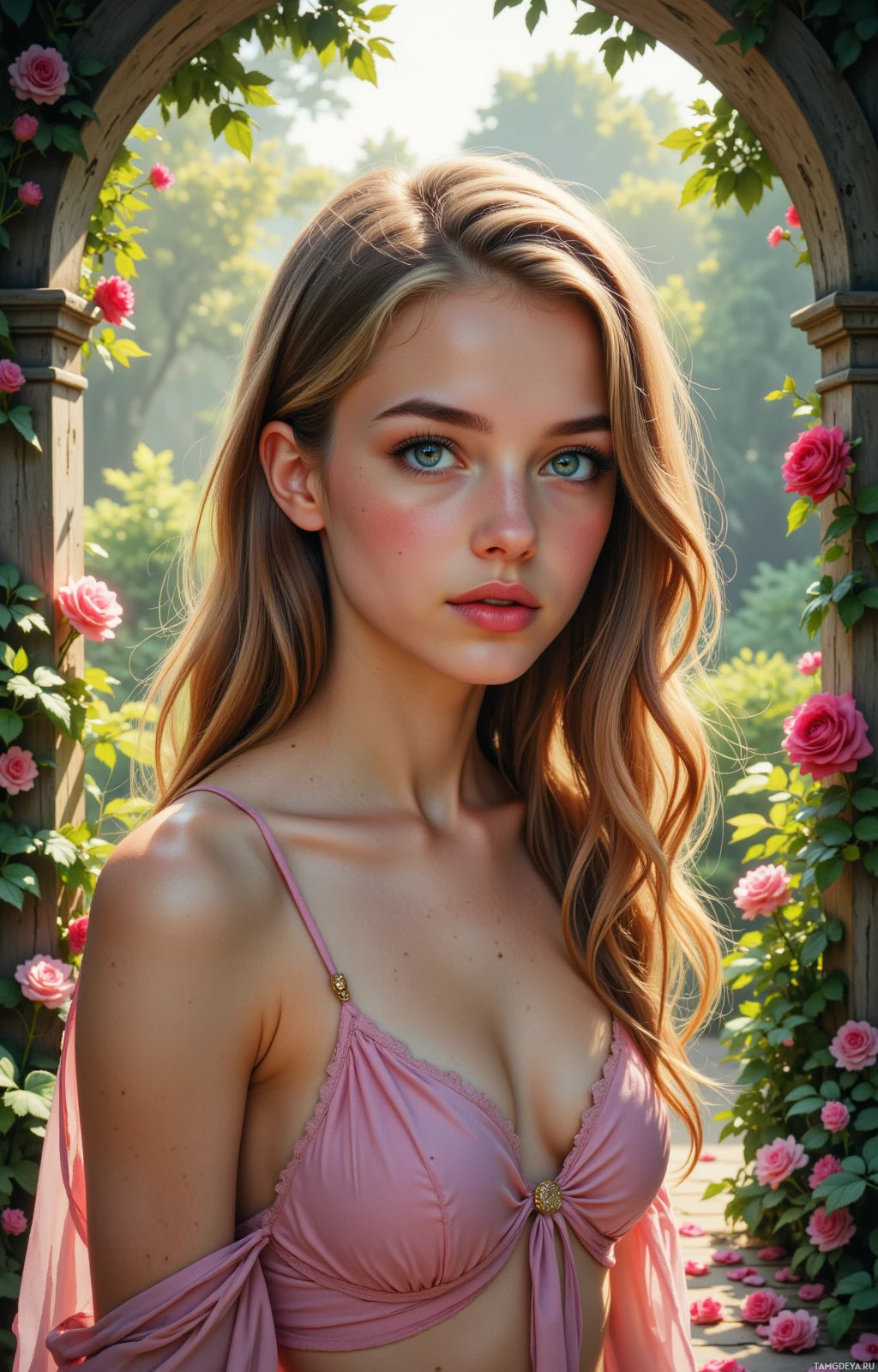 A woman in a pink dress stands in a garden with roses.