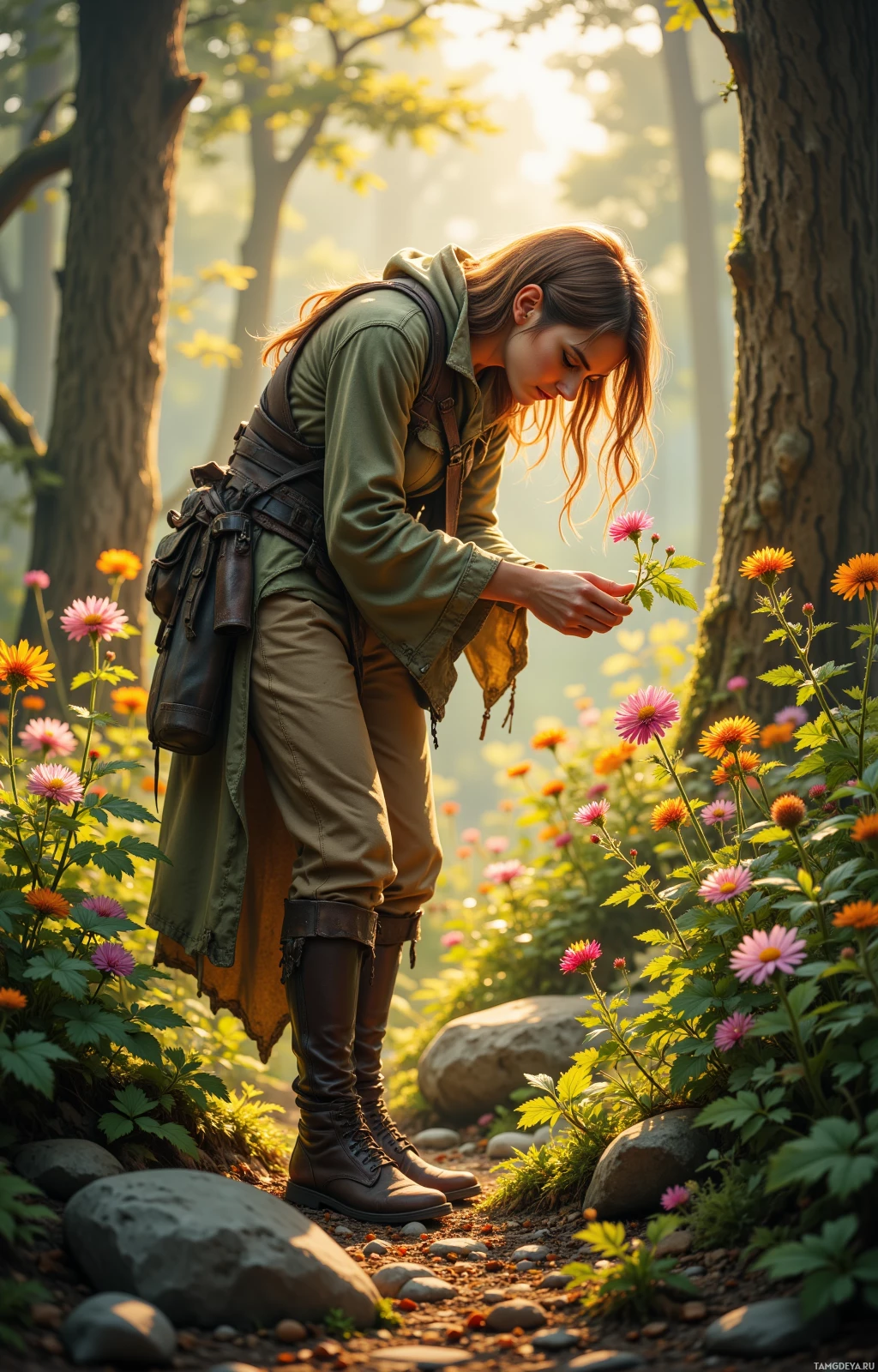 A woman in outdoor attire bends to examine flowers in a forest setting.