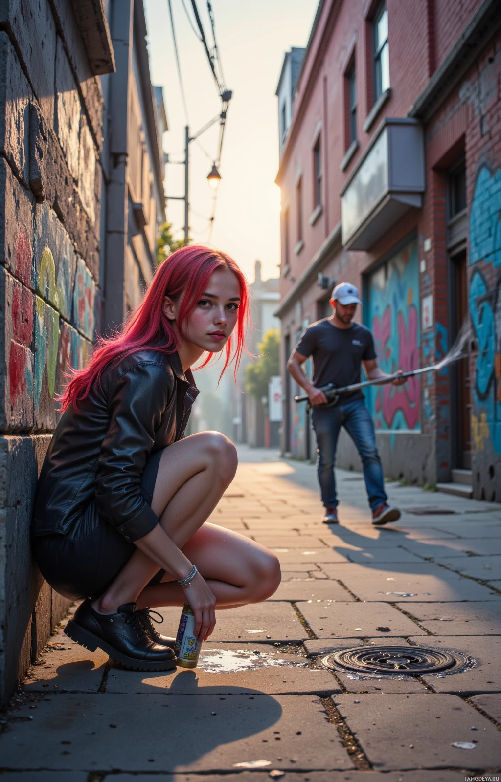 A woman with pink hair crouches on a sidewalk, holding a spray can, while a man walks in the background.