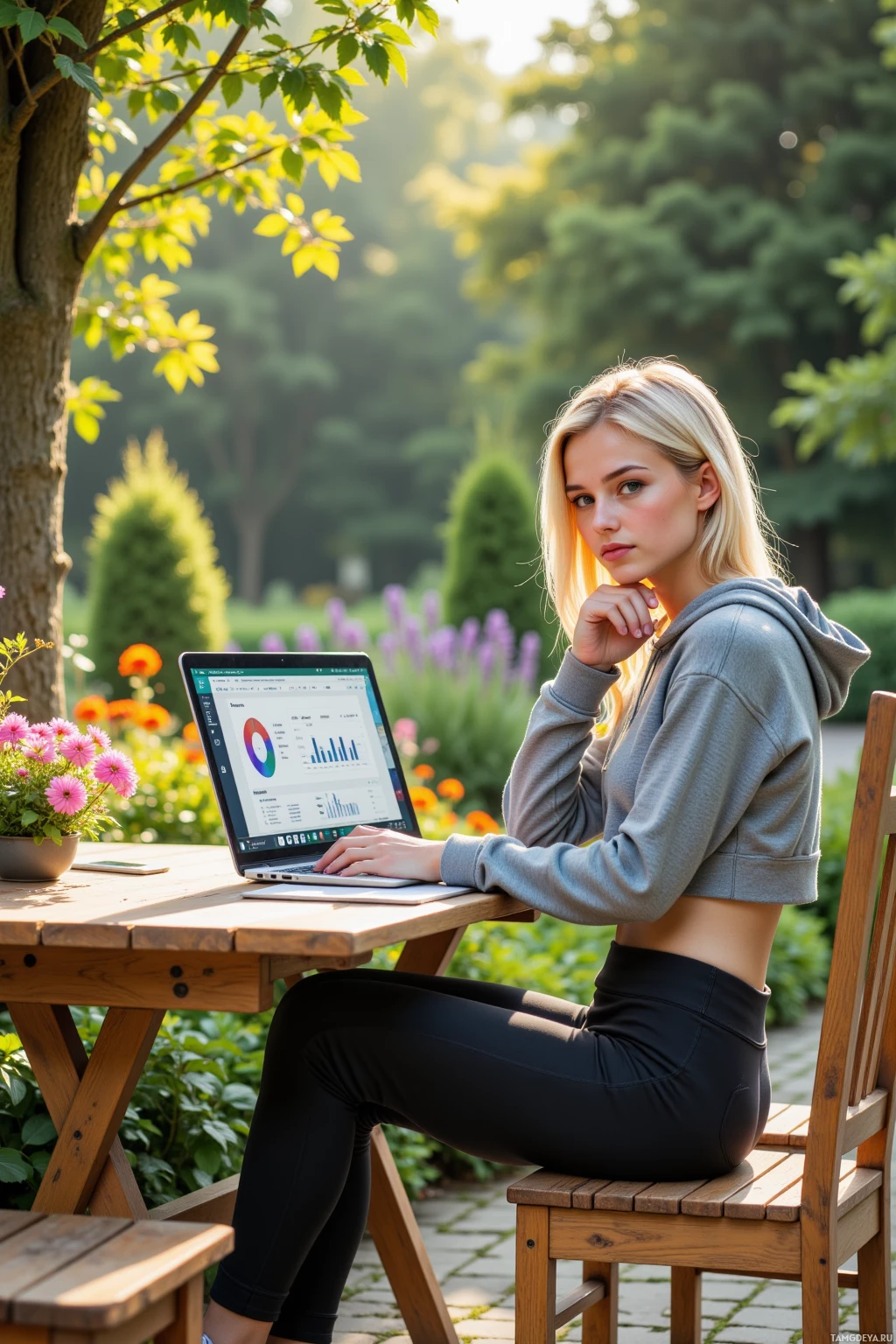 A woman sits at a wooden table outdoors, working on a laptop surrounded by greenery and flowers.
