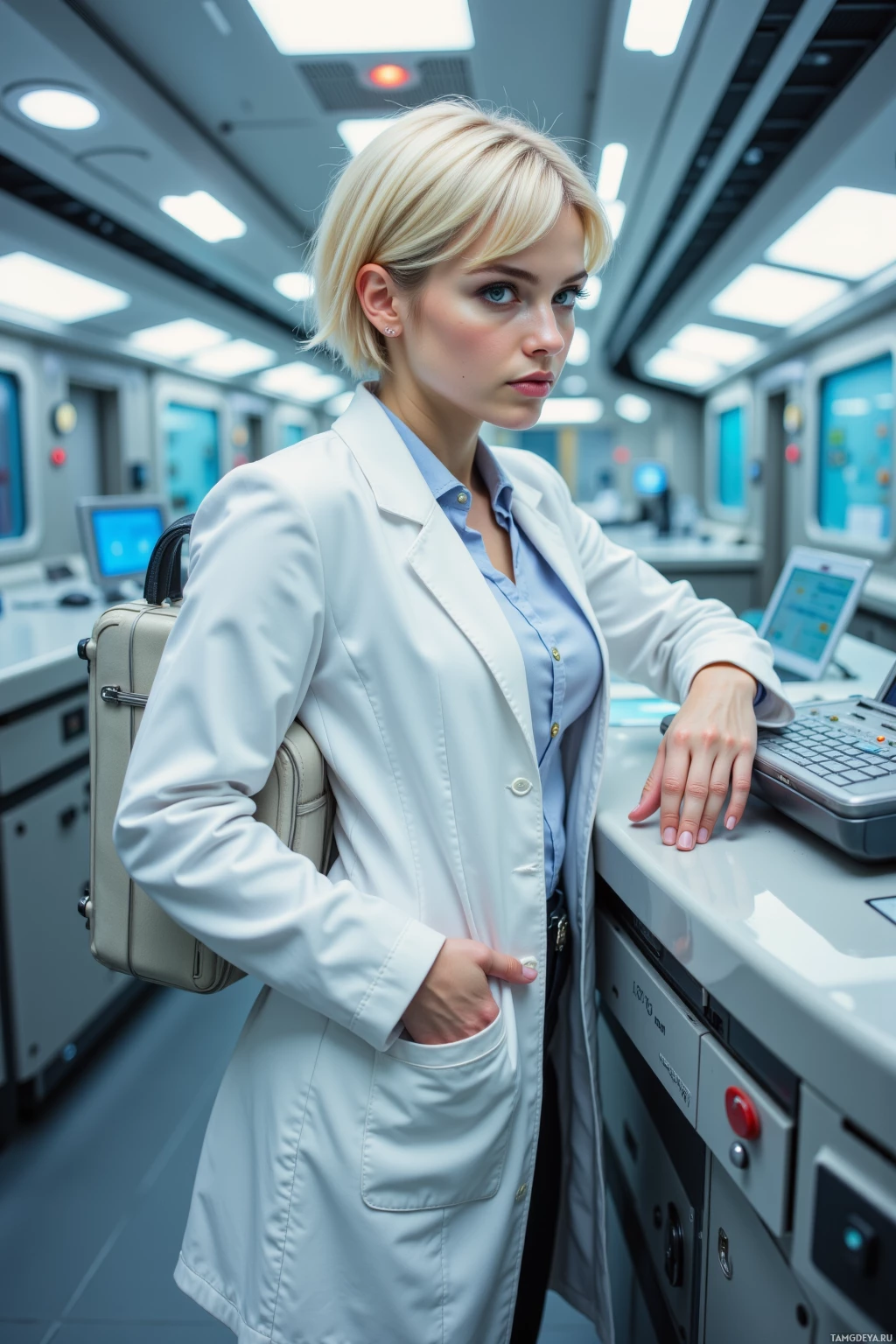 A woman in a white lab coat stands in a modern laboratory setting.
