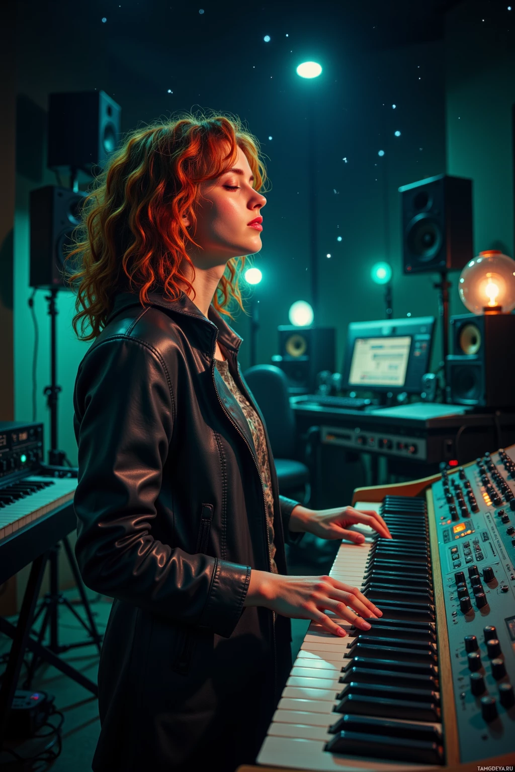 A woman in a leather jacket plays a keyboard in a dimly lit studio with speakers and equipment.