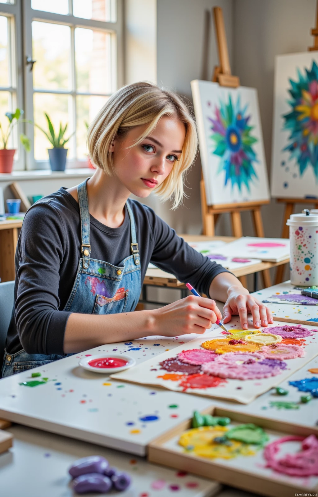 A person wearing an apron is painting with colorful paints on a canvas in a well-lit studio.