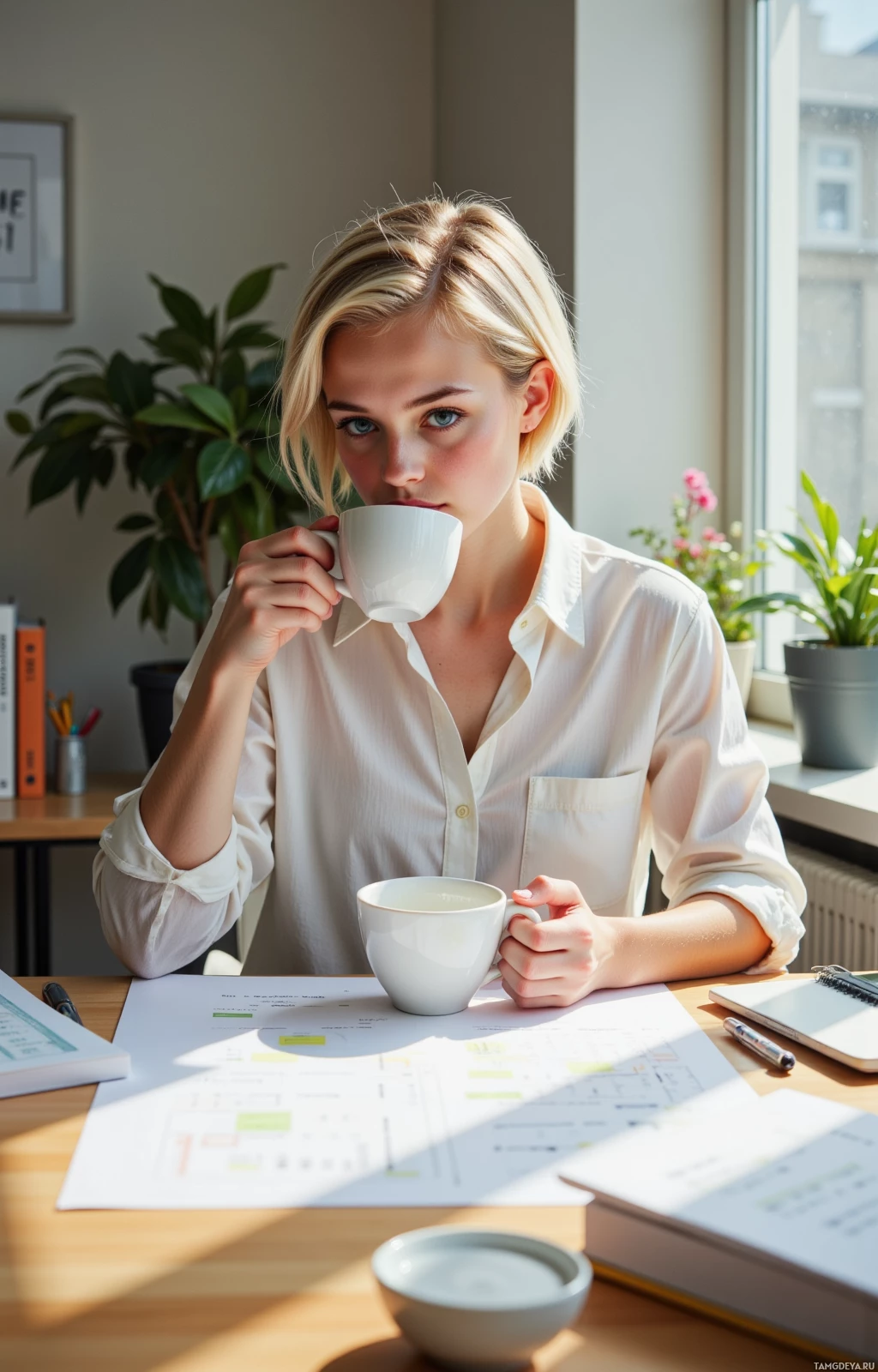 A woman in a white shirt sits at a desk, drinking from a white cup while surrounded by papers and a notebook.