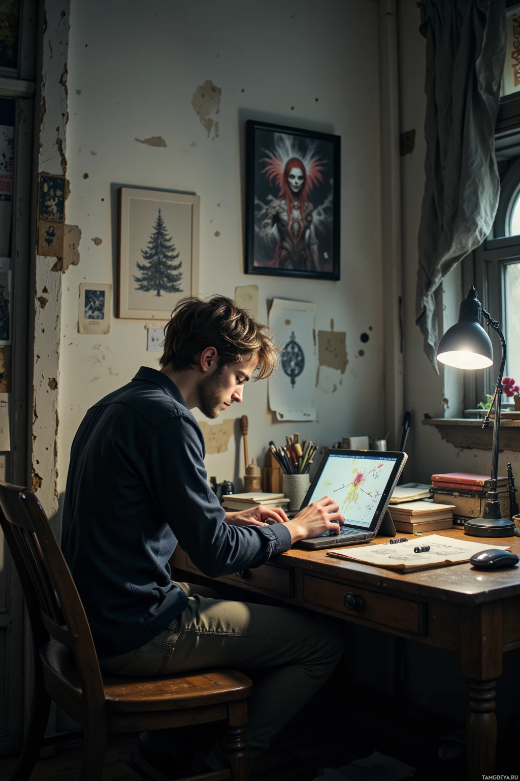 A man sits at a desk in a dimly lit room, working on a laptop.