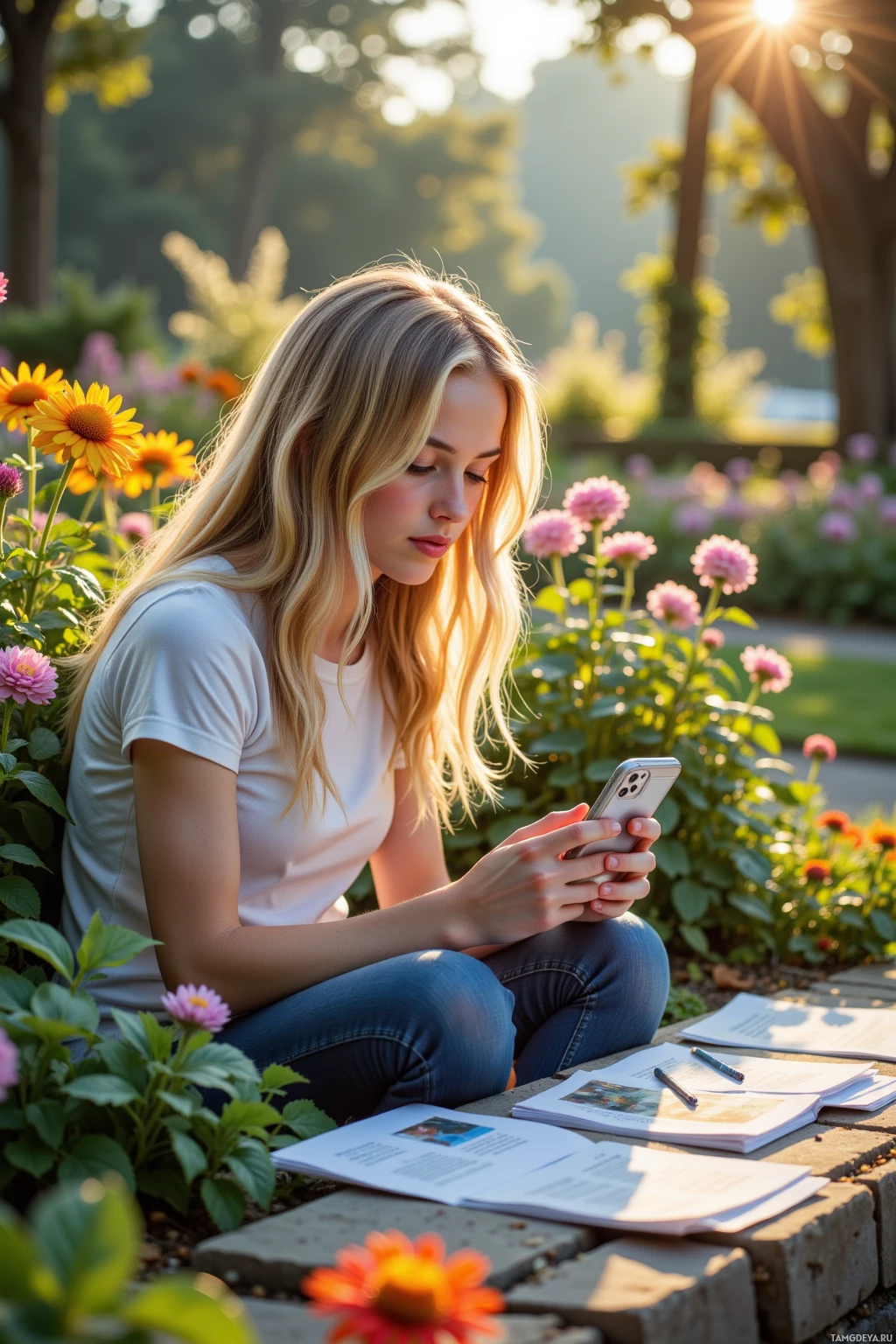 A young woman sits on a stone bench in a park, surrounded by flowers, using her phone.