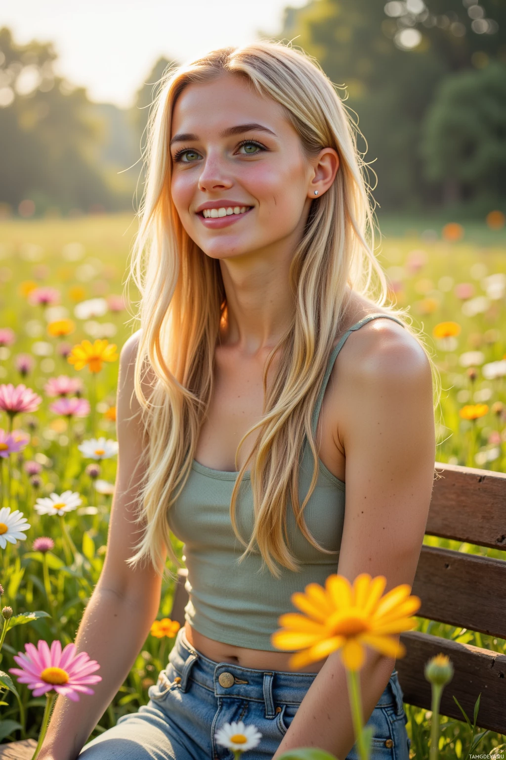 A person with long blonde hair sits on a bench in a field of wildflowers.