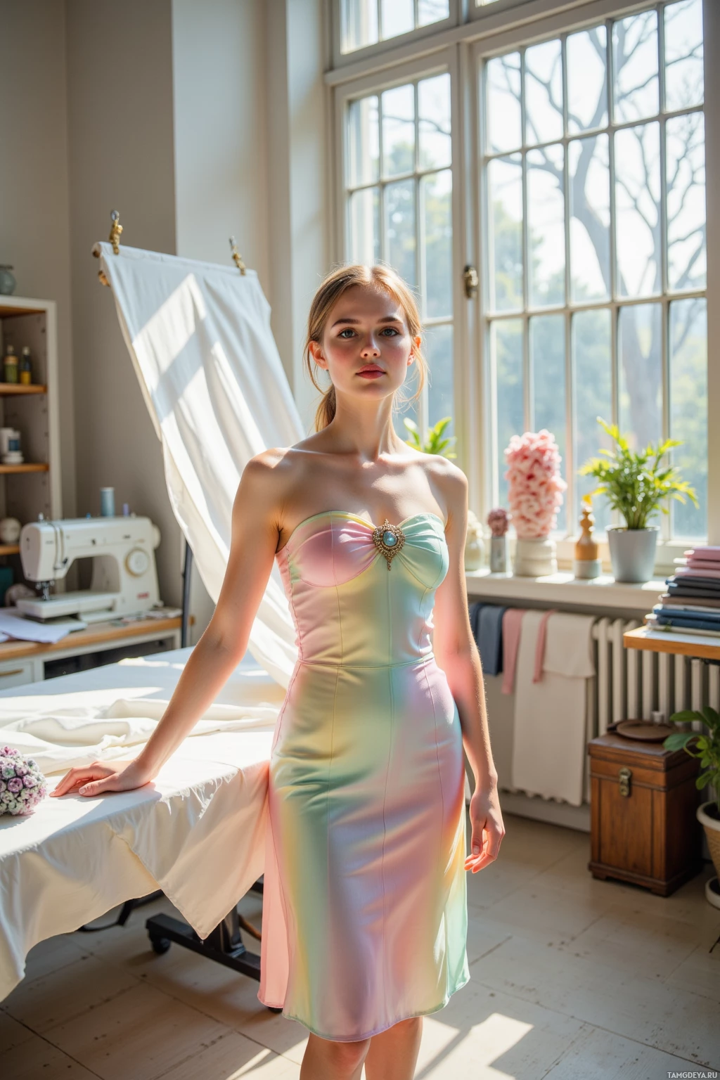 A woman stands in a bright, sunlit room wearing a pastel rainbow dress with a brooch.