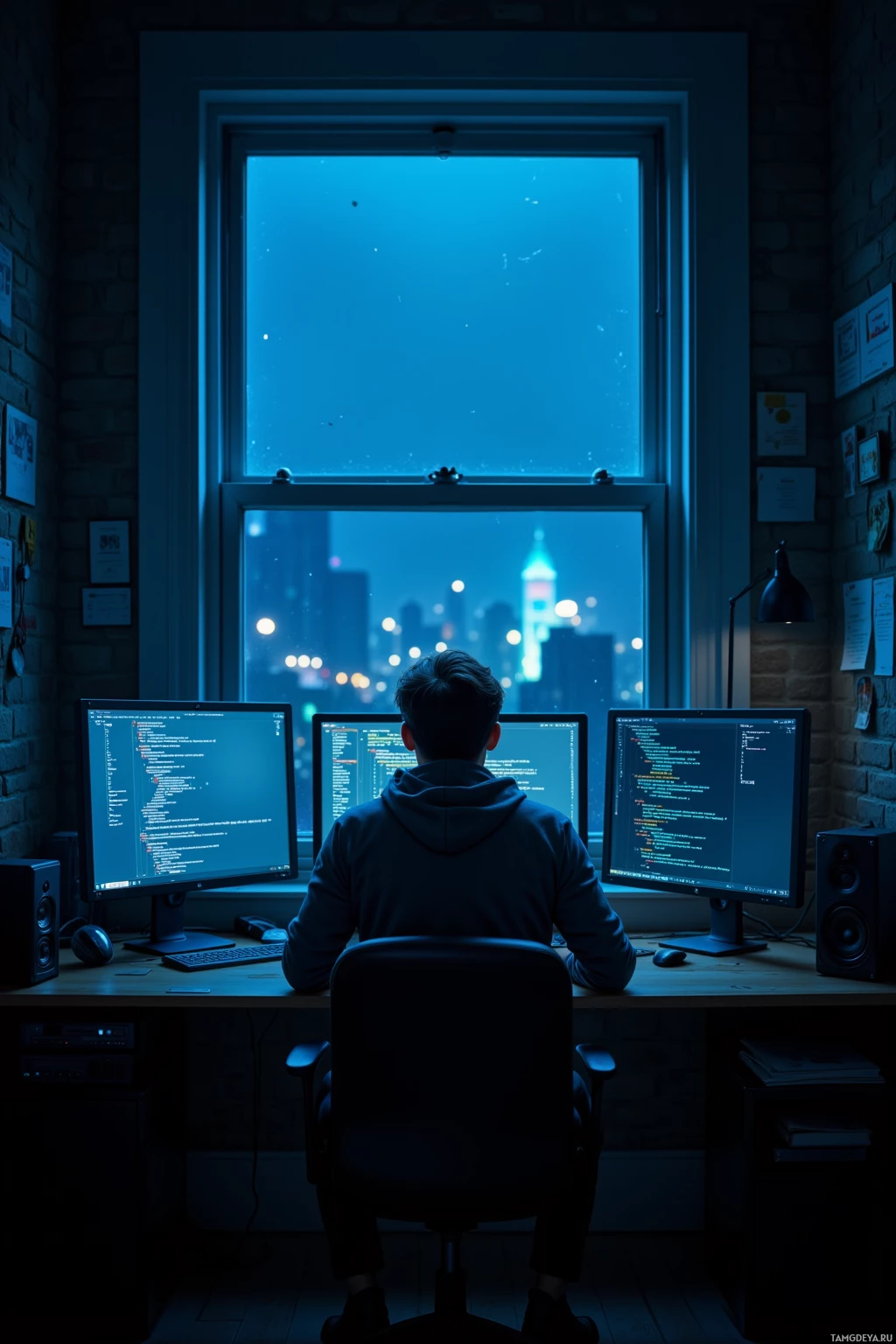 A person sits at a desk with multiple monitors displaying code, gazing out a window at a cityscape at night.