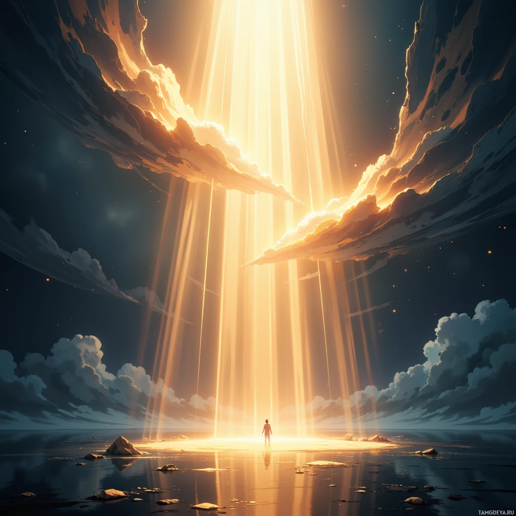 A lone figure stands on a rocky island under a dramatic sky with radiant beams of light descending from the clouds.