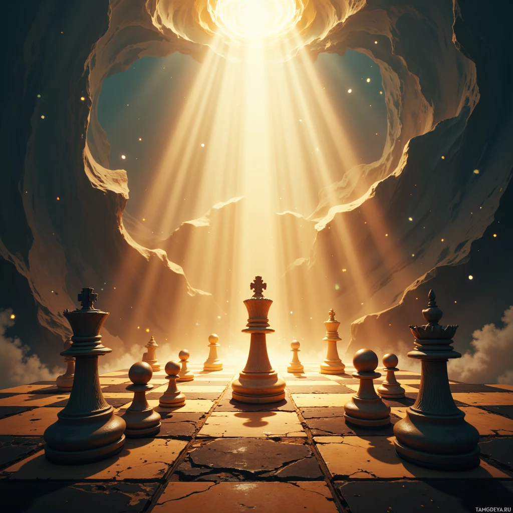 A chessboard with pieces arranged in a dramatic cave illuminated by beams of light.