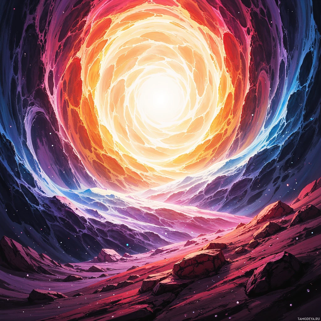 A vibrant, cosmic scene featuring a swirling vortex of orange and purple hues leading to a bright white light at the center, surrounded by rocky terrain and a starry night sky.