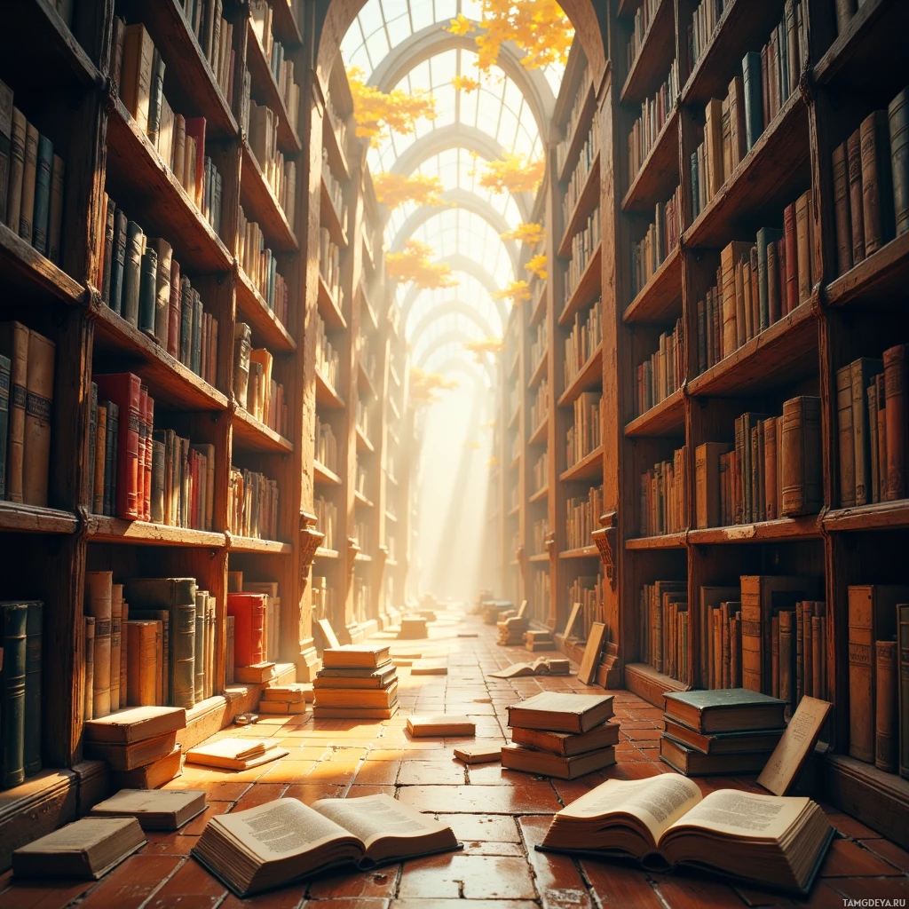 A sunlit library with tall bookshelves and scattered open books on the floor.