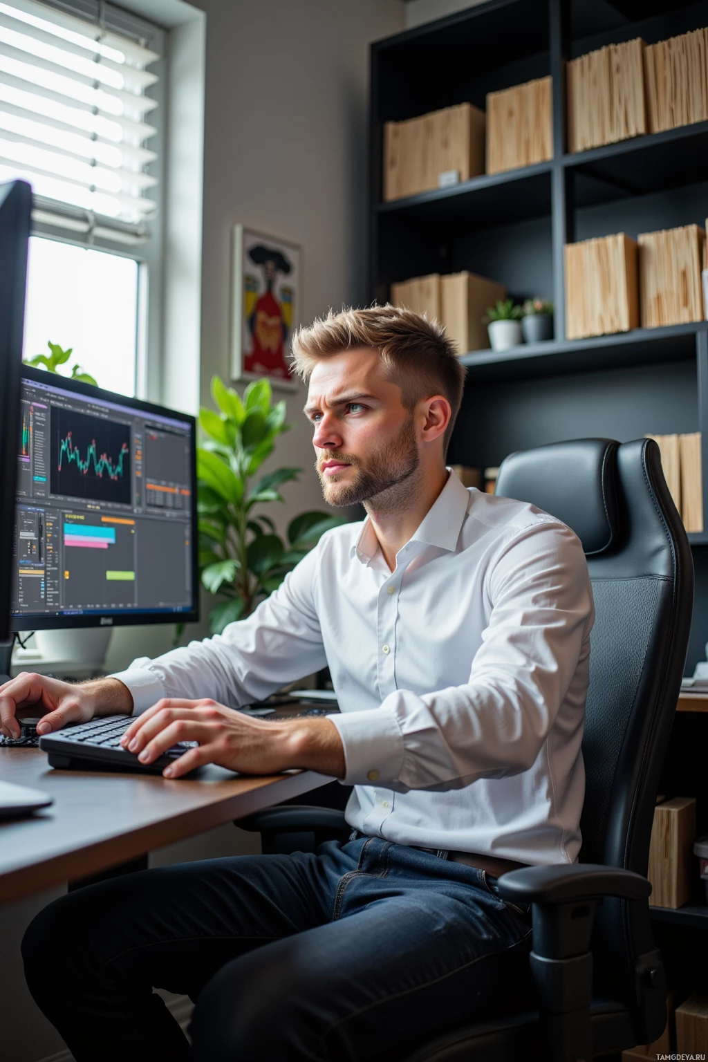 A man in a white shirt works at a desk with a computer in a modern office setting.