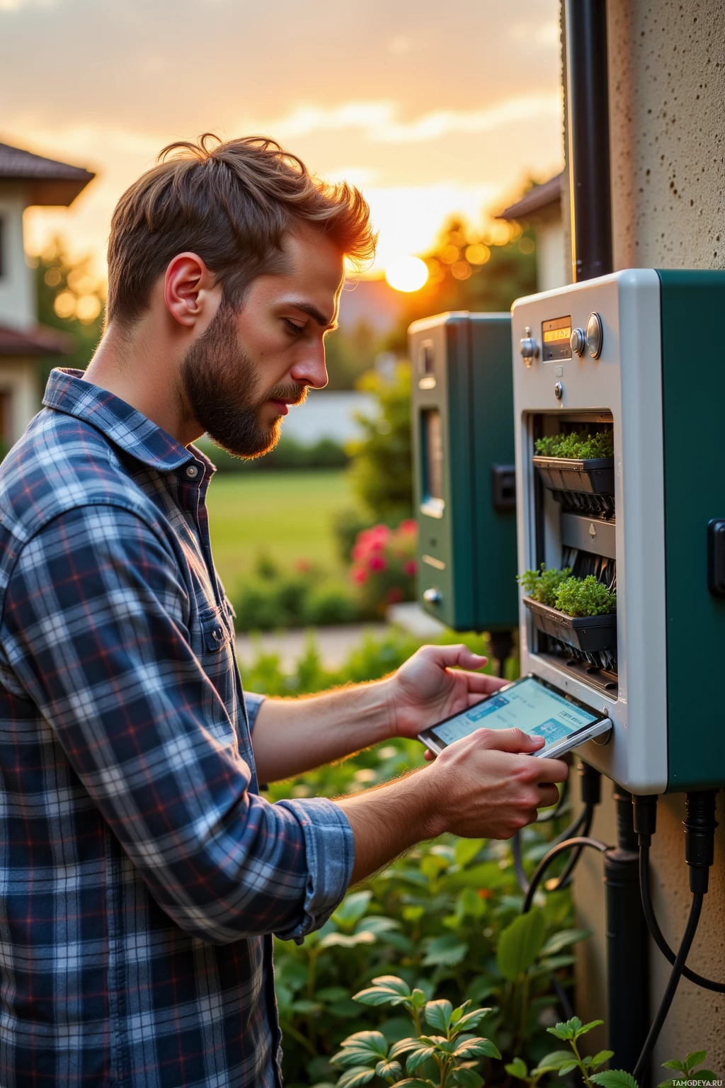 A man in a plaid shirt uses a tablet to interact with a device in a garden setting.