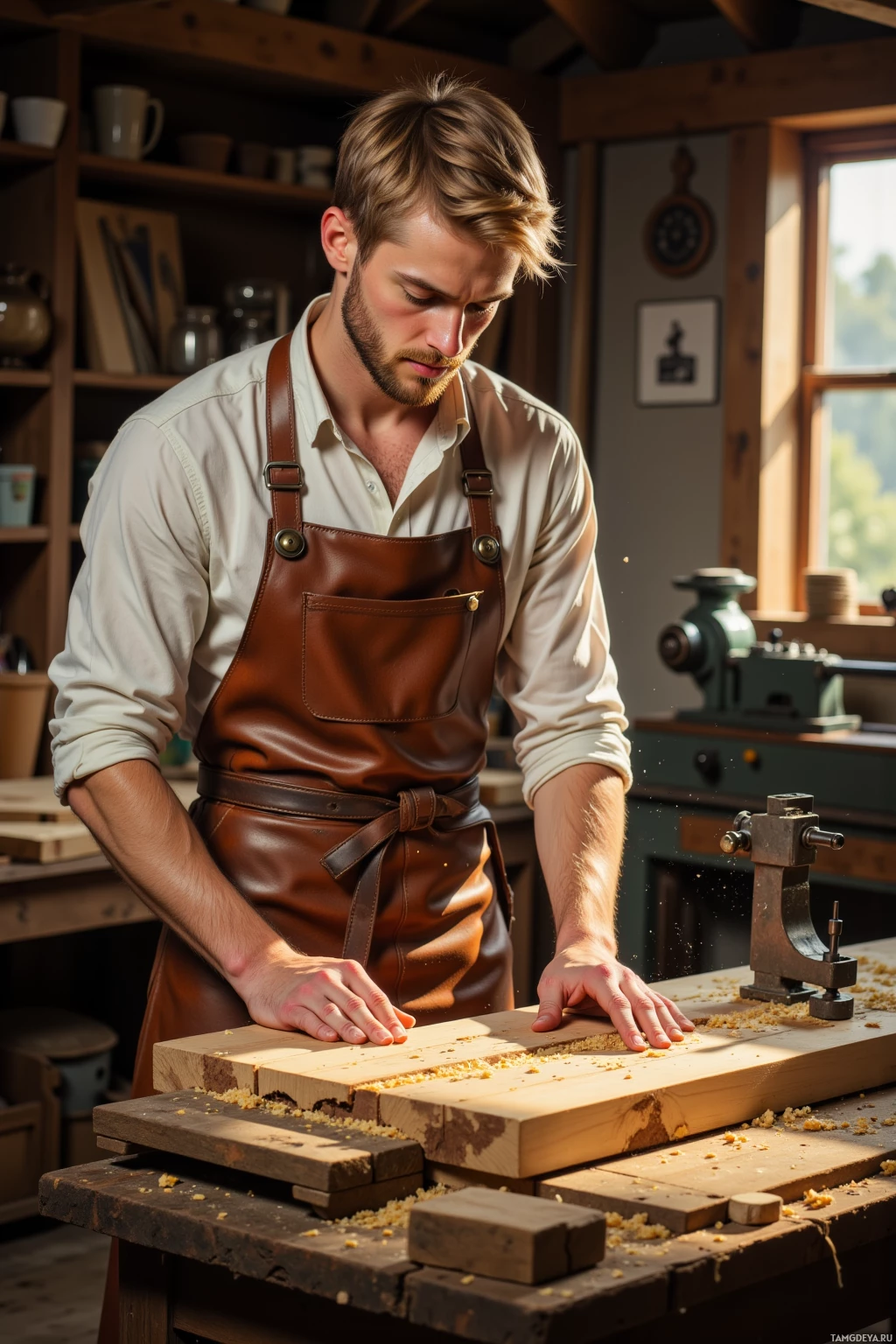 A man in a workshop wearing an apron, working with wood on a table.