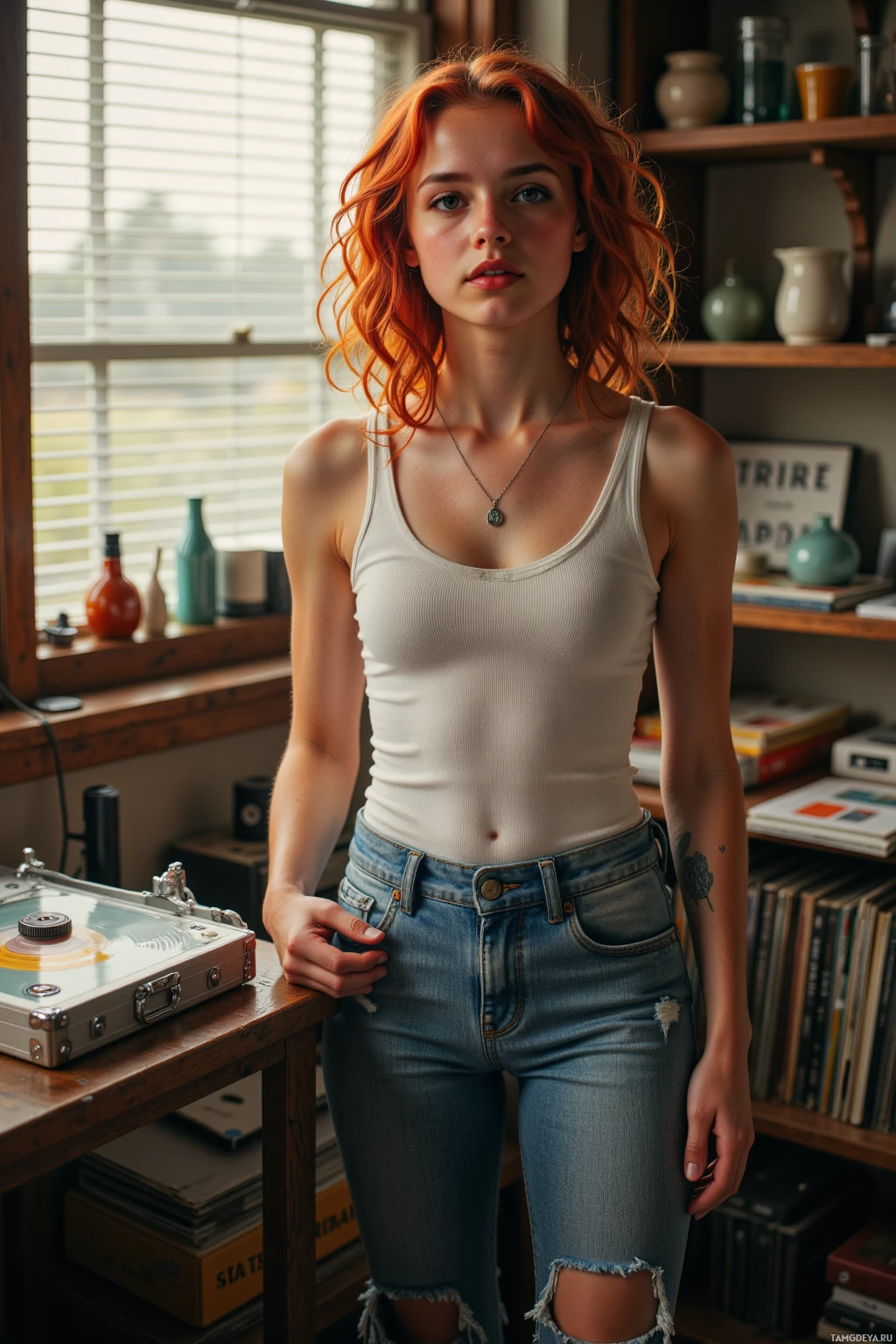A woman with red hair stands in a room with a window, wearing a white tank top and ripped jeans.