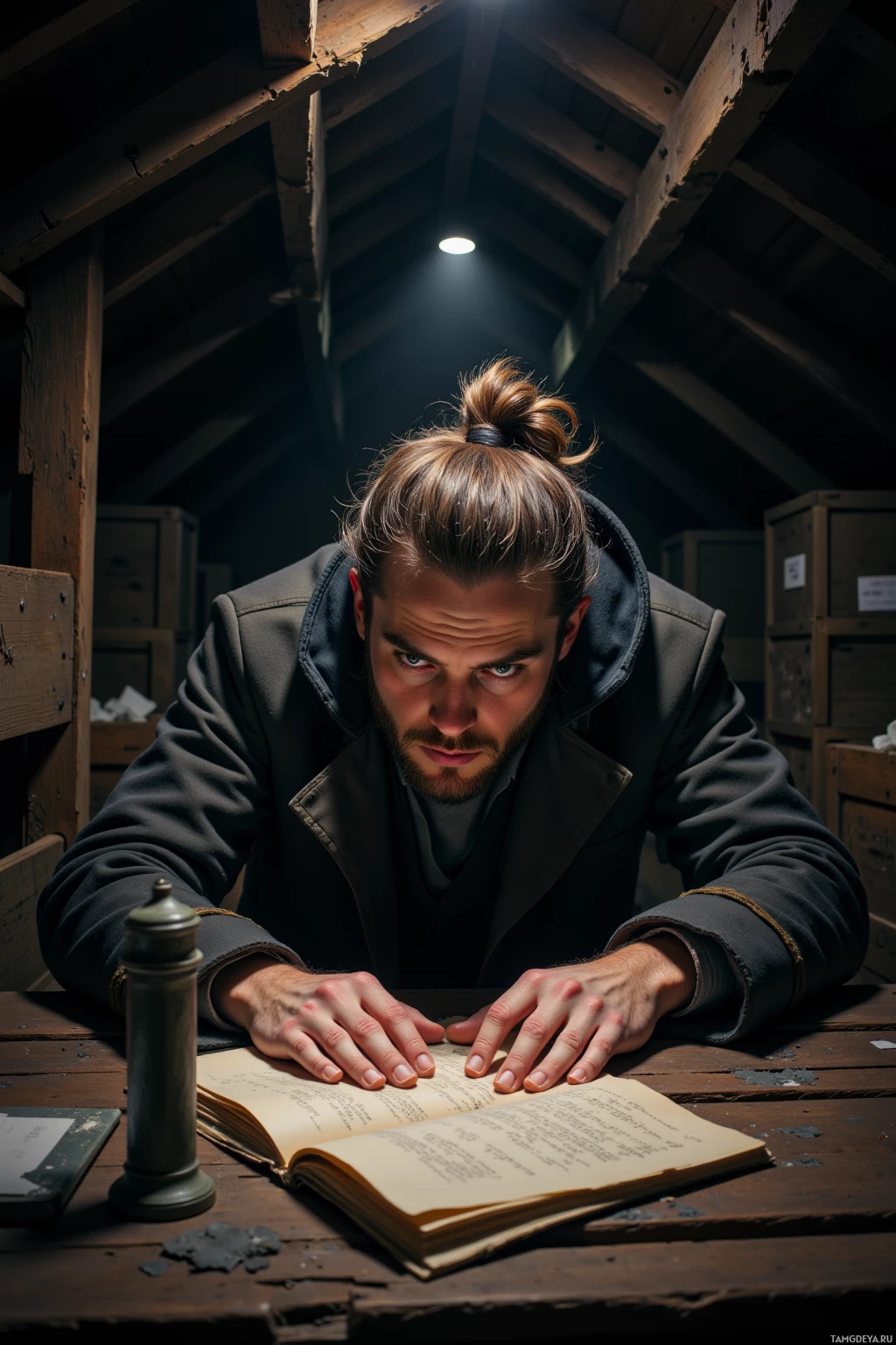 A man in a dark coat leans over a wooden table, studying an open book under a focused light.
