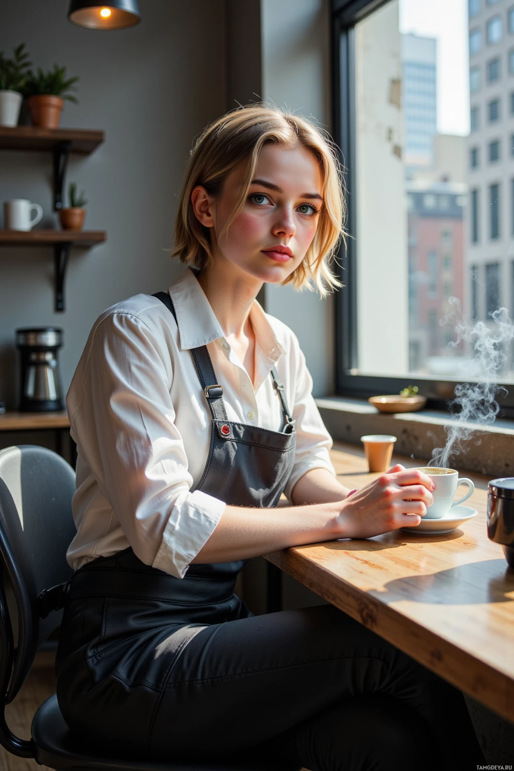 A person in a white shirt and black apron sits at a wooden table in a cafe, holding a steaming cup of coffee.