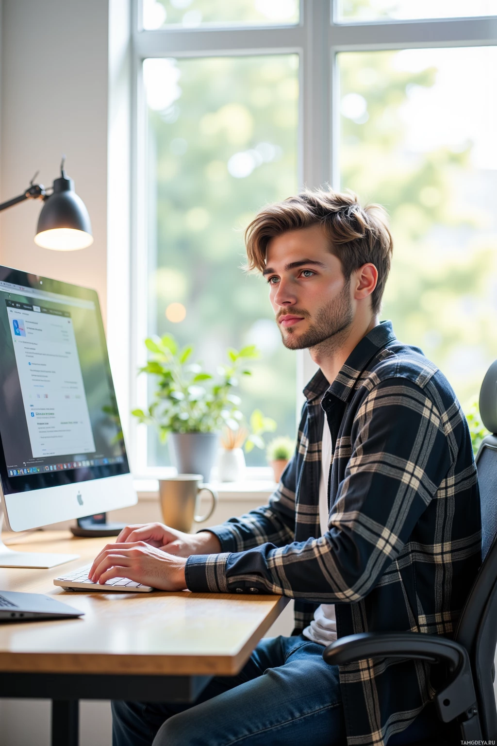 A man sits at a desk working on a computer in a bright, modern office setting.