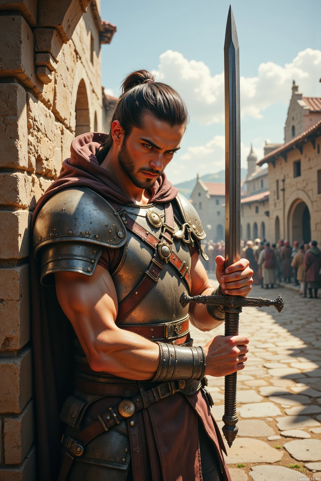 A man in medieval armor stands with a sword, leaning against a stone wall in a bustling courtyard.